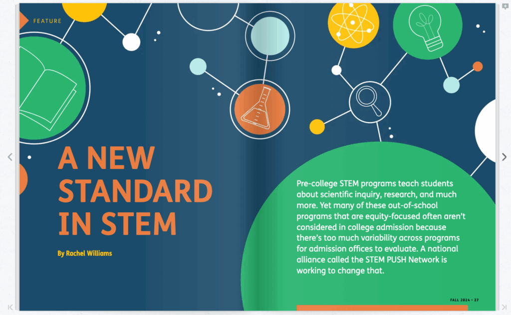 Image of the opening spread for "A New Standard in STEM" published in NACAC's Journal of College Admission